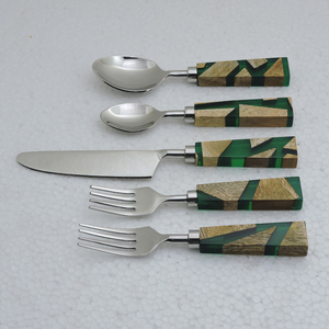 Modern Stainless Steel <b>Flatware</b> <b>Set</b> With Wood Resin Handles 5 Piece Cutlery Dishwasher Safe High Mirror Polish - Product Image 1