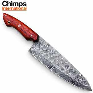 Cuchillo de chef Santoku hecho a mano de acero de Damasco, estilo japonés, ambidiestro, con mango de madera Pakka roja. |   Cuchillo con longitud de hoja de 6-7.9 pulgadas, lavable a mano - Product Image 4