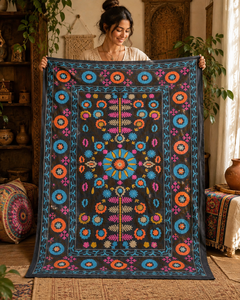 Premium Handmade Suzani Cotton <b>Bedsheet</b> <b>Black</b> Blue Orange Pink Floral Embroidery Boho Indian Ethnic Home Decor - Product Image 4