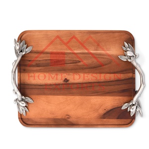 Plateau de service rectangulaire en bois d'acacia avec poignée en métal pour hôtels et restaurants 2024 Meilleur plateau en bois de vanité pour dessus de table - Product Image 4