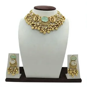 Green Stone Center Coin <b>Beads</b> and Matching Earrings with Traditional Silver Heavy Choker Necklace <b>Set</b> - Product Image 3