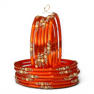 Bijoux indiens directement de l'usine, bracelets en verre kashmiri orange en forme de goutte de pluie, plaqués or, cristaux, pour mariage et occasions festives, prix de gros - Product Image 3