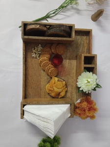 Customized Natural Mango Wood Cutlery Holder Napkin Tableware <b>Hand</b>-carved Rectangular Compartment Tray Sectioned Dining Utensils - Product Image 5