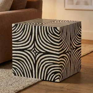 Mesa Auxiliar de Madera Hecha a Mano con Incrustaciones de Hueso, Patrón Concéntrico Blanco y Negro, Mueble Decorativo para Sala de Estar - Product Image 3