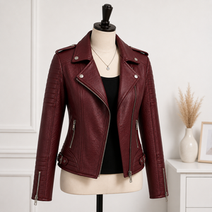 Veste Moto Réversible en Peau de Mouton Véritable pour Femme, Rouge, Fermeture Éclair, Col Montant, Manches Longues, Style Hiver, Imperméable – Vente en Gros - Product Image 4