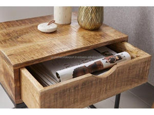 Table de chevet moderne en bois massif de style industriel avec cadre métallique et tiroirs de rangement, capacité de plus de 5 pieds cubes - Product Image 4