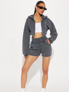 Women's Oversized <b>Cropped</b> <b>Zip</b>-<b>up</b> Hoodie Washed Solid Gray 100% Cotton 450GSM Knitted Sweatshirt Shorts Autumn Wear - Product Image 2