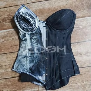 Top Corset con Copas con Aros y Varillas de Acero, Bicolor, con Panel de Mezclilla y Estampado de Billetes de Dólar, para Salir de Noche y Fiestas - Product Image 3