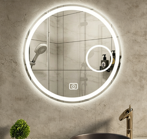 Round LED Bathroom <b>Mirror</b> With <b>Silver</b> Metal <b>Frame</b> Wall Mounted Rustic Style Adjustable Light Source Bath <b>Mirror</b> - Product Image 4