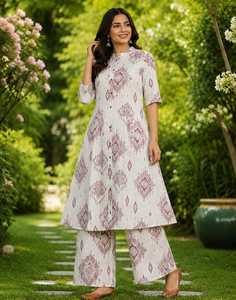 Ensemble Kurta Plazo en coton imprimé crème pour femme, manches trois quarts, col mandarin, motif géométrique, tenue ethnique deux pièces - Product Image 6