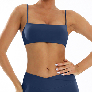 Women's Light <b>Blue</b> Square Neck Spaghetti Strap Seamless Sports <b>Bra</b> Medium Support Yoga Top Solid Color - Product Image 4