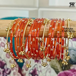 Stylish Handmade Orange Kashmiri Bangle Set with Ghungroo Traditional Ethnic Gold Plated 16-Piece Jewelry for Women - Product Image 6