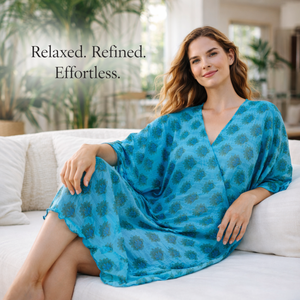 Caftán de Seda Habotai 100% Azul Real Élite, Cuello en V, Manga con Volantes, Ropa de Dormir de Boutique, Vestido de Lujo Hecho a Mano, Obra Maestra para Mujer - Product Image 3