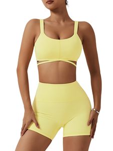 Conjunto de Yoga sin Costuras de 2 Piezas, Top Corto de Cintura Alta y Pantalones Cortos, Color Sólido, Espalda Cruzada, Ropa Deportiva para Mujer - Product Image 1