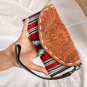 High Quality Women's Genuine Leather Purse Wallet Fashionable <b>Long</b> Design Clutch <b>Bag</b> with Open Closure and Decorative Feathers - Product Image 2
