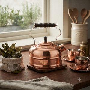 Bouilloire en cuivre traditionnelle de designer avec poignée florale en bois pour une cuisine haut de gamme, pour la décoration de la maison, des hôtels et des restaurants - Product Image 3