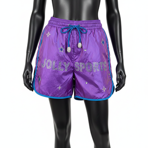Shorts coupe-vent légers en polyester 130 GSM, doux, avec panneaux bleu violet et logo en strass, personnalisés pour femmes. - Product Image 1