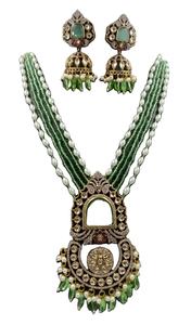 Parure de collier et boucles d'oreilles de mariée Kundan Polki plaqué or vert royal avec perles, bijoux ethniques indiens pour mariage et fiançailles - Product Image 4