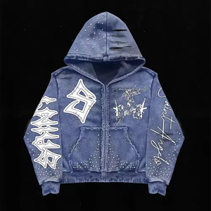 Sweat à capuche zippé surdimensionné en coton molletonné pour homme, style streetwear vintage, avec broderie appliquée, effet vieilli, délavé à l'acide et strass - Product Image 4