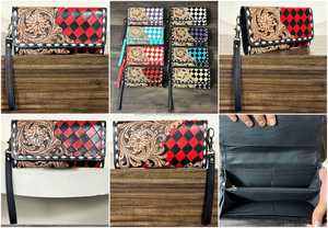 Cartera de Cuero Vacuno Hecha a Mano de Primera Calidad, con Diseño Floral y Patrón a Cuadros, Gran Capacidad, Perfecta para Mujer - Product Image 3