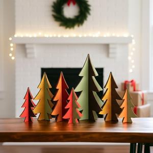 Ensemble de décorations de Noël en bois découpées au laser, décorations de table minimalistes, thème hivernal multicolore, trio - Product Image 5