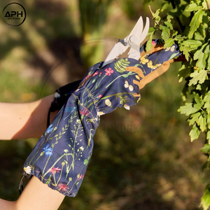Blue Wildflower Print <b>Long</b> Sleeve Gardening <b>Gloves</b> Brown Suede Palm Extended Gauntlet Protective Shield For Yard Care - Product Image 6