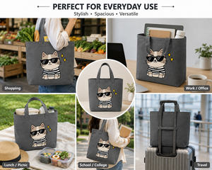 Sac fourre-tout en toile grise avec imprimé chat de dessin animé, motif chemise rayée et lunettes de soleil, style décontracté pour le voyage et le shopping - Product Image 5