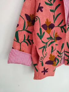 Chaqueta Boho Chic para Mujer, Bordada en Algodón Suzani, con Hilo Floral Rosa, Manga Larga, Estilo Étnico, Ropa de Invierno - Product Image 5