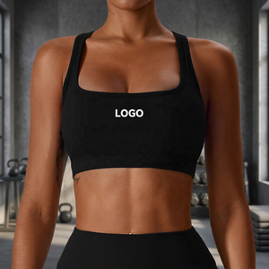 Women's Backless Halter Sports Bra-Solid Black Square Neck Medium Support Quick Dry Printed Front Back Logo Four-Way Stretch - Product Image 4