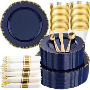 Blue Gold Plastic Plates <b>Dinnerware</b> Set 350pcs Disposable Party Supplies Kits Includes 50 Dinner 50 Dessert 50 Cups - Product Image 3