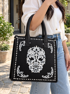 Latest Collection Real Leather <b>Tote</b> <b>Bag</b> Stylish Halloween Pattern Black Bohemian Style Two Handles <b>Zip</b> Closure Women Handbag - Product Image 1