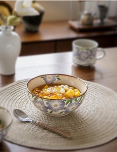 Vintage Ceramic Dessert Bowl with Lavender Floral Artwork Glossy Glaze Finish and Elegant Everyday Dining Appeal - Product Image 3