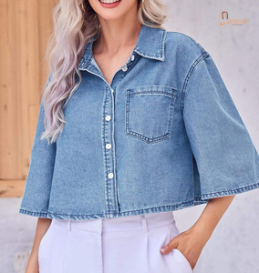 Camisa Corta de Mezclilla para Mujer, Corte Holgado, con Botones, Manga Corta, Informal, Azul, Estilo Urbano, Moda Primavera-Verano - Product Image 1