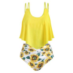 Ensemble de maillot de bain tankini pour femme, haut court à col halter jaune à carreaux, éco-responsable, extensible, séchage rapide, spandex/polyester, coupe classique - Product Image 3