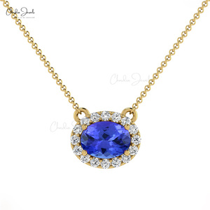Trending Hot Products Natural 7x5mm Oval Cut Tanzanite & Diamond Halo Necklace 14k Solid Gold Wedding Necklace Set For Bridal - Product Image 2