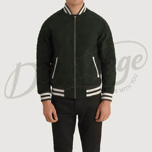 Chaqueta Bomber Varsity de Cuero de Ante Verde Oscuro para Hombre, Ajuste Delgado, Puños Acanalados a Rayas, Estilo Béisbol Casual, Prenda Exterior de Cuero Genuino - Product Image 3