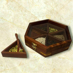 Handcrafted Traditional Indian Masala Dabba Mango Wood Spice Box 5 Compartments Oven Safe Hand Wash Only Glass Lid for <b>Kitchen</b> - Product Image 1
