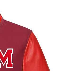 Chaqueta Varsity Marrón para Hombre con Mangas de Cuero PU Rojo, Logotipo M Bordado, Estilo Preppy, Cuello Camisero, Corte Regular - Product Image 4