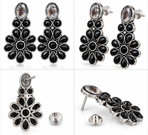 Fashion Flower Stud <b>Earrings</b> with <b>Black</b> Stone | Oxidized Silver Floral Stud <b>Earrings</b> | Indian Ethnic Fashion Jewelry - Product Image 4