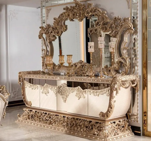 ชุดโต๊ะรับประทานอาหารไม้สักทรงสี่เหลี่ยมผืนผ้าสีทองหรูหราสไตล์ยุโรป พร้อมเฟอร์นิเจอร์แกะสลักสำหรับห้องรับประทานอาหาร ผลิตในอินโดนีเซีย - Product Image 5