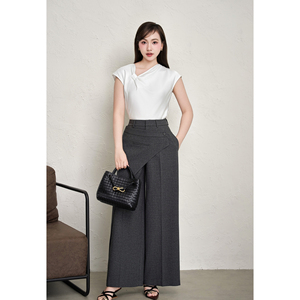 Pantalon décontracté taille haute gris à jambe droite avec fermeture éclair et bouton, teint uni, pour femme, automne, bureau, devant asymétrique LINDA - Product Image 1