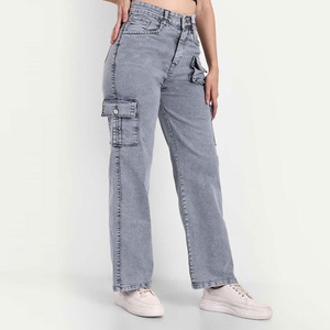 Jean cargo droit en denim pour femme, taille mi-haute, coupe ample, longueur intégrale, décontracté, hiver, en tissu de coton écologique et respirant - Product Image 2