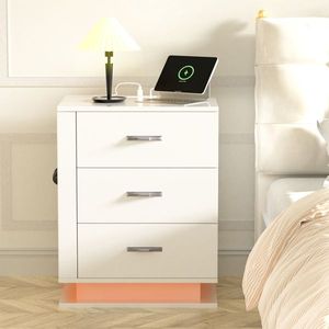 <b>White</b> Right Side 3-Drawer RGB LED Bedside Table Nightstand with Charging Station and USB <b>Ports</b> Dressers Product - Product Image 1