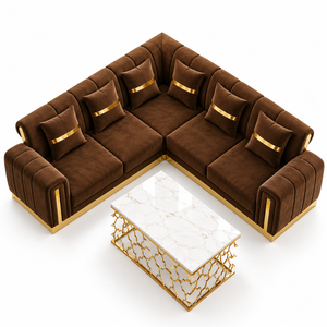Canapé d'angle en velours marron de luxe avec garniture dorée capitonnée pour les intérieurs modernes d'hôtels et de villas - Product Image 1