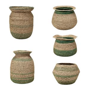 VERDANT URN Cesta de suelo de junco marino tejida con rayas verdes y asa, almacenamiento multifunción ecológico para decoración del hogar - Product Image 1