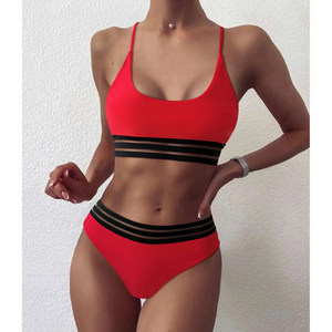 Conjunto de Bikini Rojo para Mujer, Top Bandeau, Braguita de Cintura Alta, Ribete en Contraste, Traje de Baño de Spandex y Poliéster - Product Image 2
