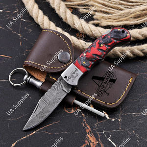 Cuchillo de bolsillo plegable EDC de lujo, forjado a mano en acero de Damasco, con mango de madera Pakka y patrón de llama roja, coleccionable, OEM/ODM - Product Image 6