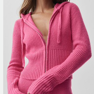 Cárdigan con Capucha y Cremallera de Punto Acanalado Rosa para Mujer, Manga Larga, Color Sólido, Informal, para Invierno, 100% Acrílico - Product Image 1