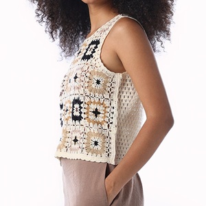 Débardeur en crochet pour femme, motif carré Granny Square, patchwork, tricoté sans manches, style bohème, couleur crème, fabricant de vêtements - Product Image 2