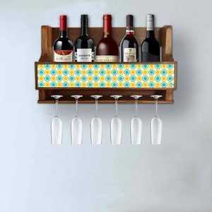 Estante de vino de madera para montar en la pared con decoración de azulejos florales y soporte para copas - Product Image 1